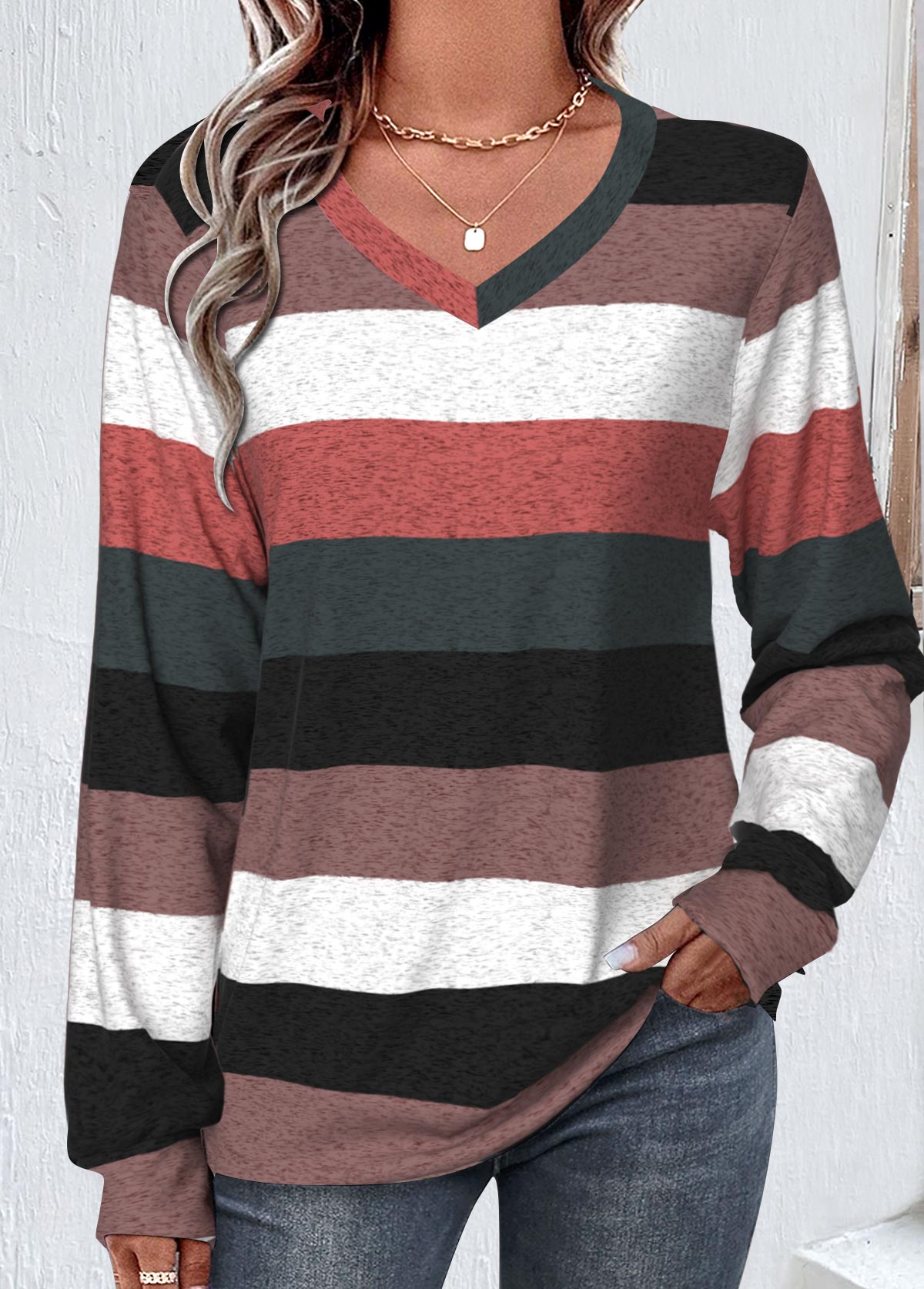 Multi Color Patchwork Striped Long Sleeve V Neck Sweatshirt | picture 