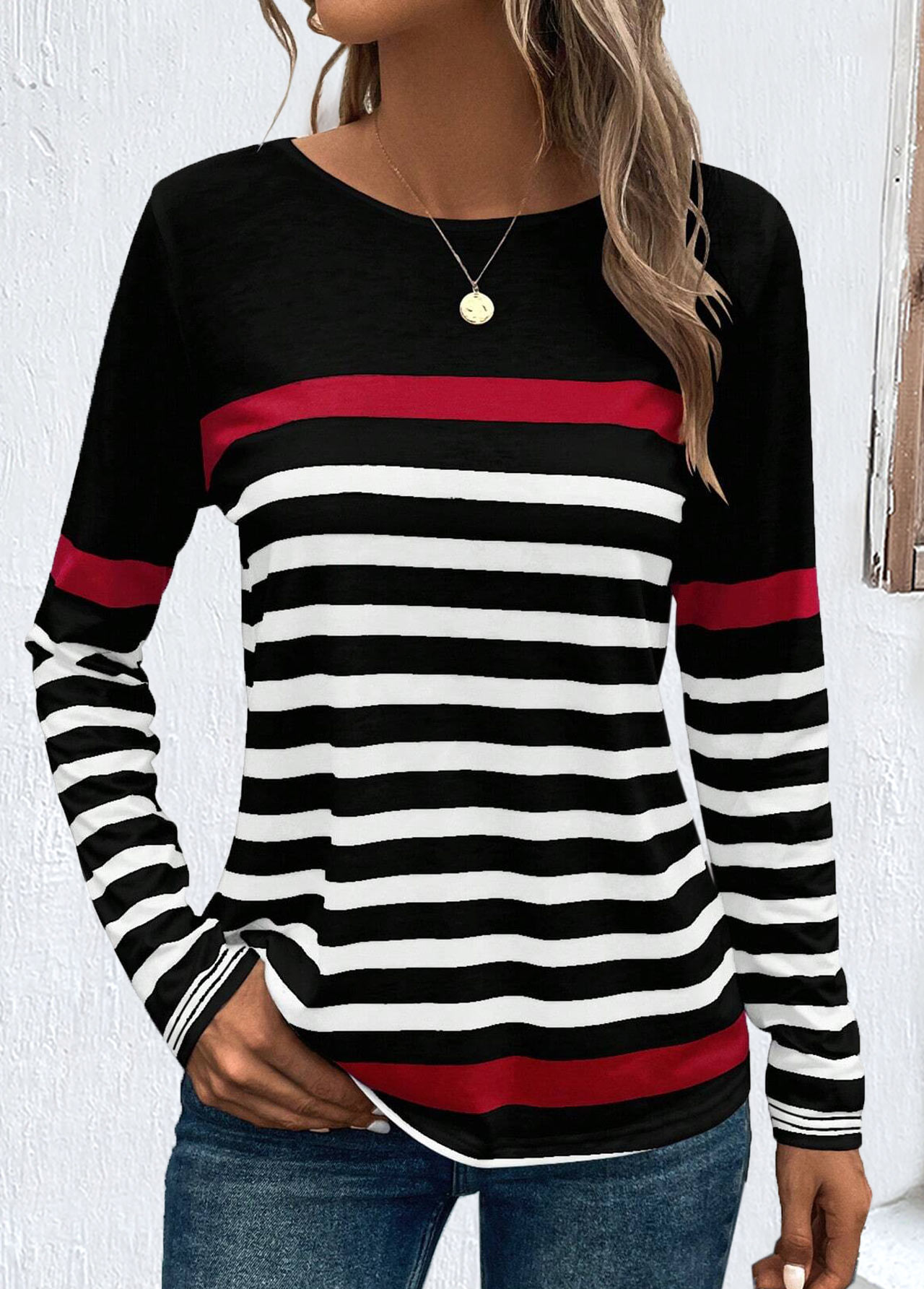 Black Patchwork Striped Long Sleeve Round Neck Sweatshirt