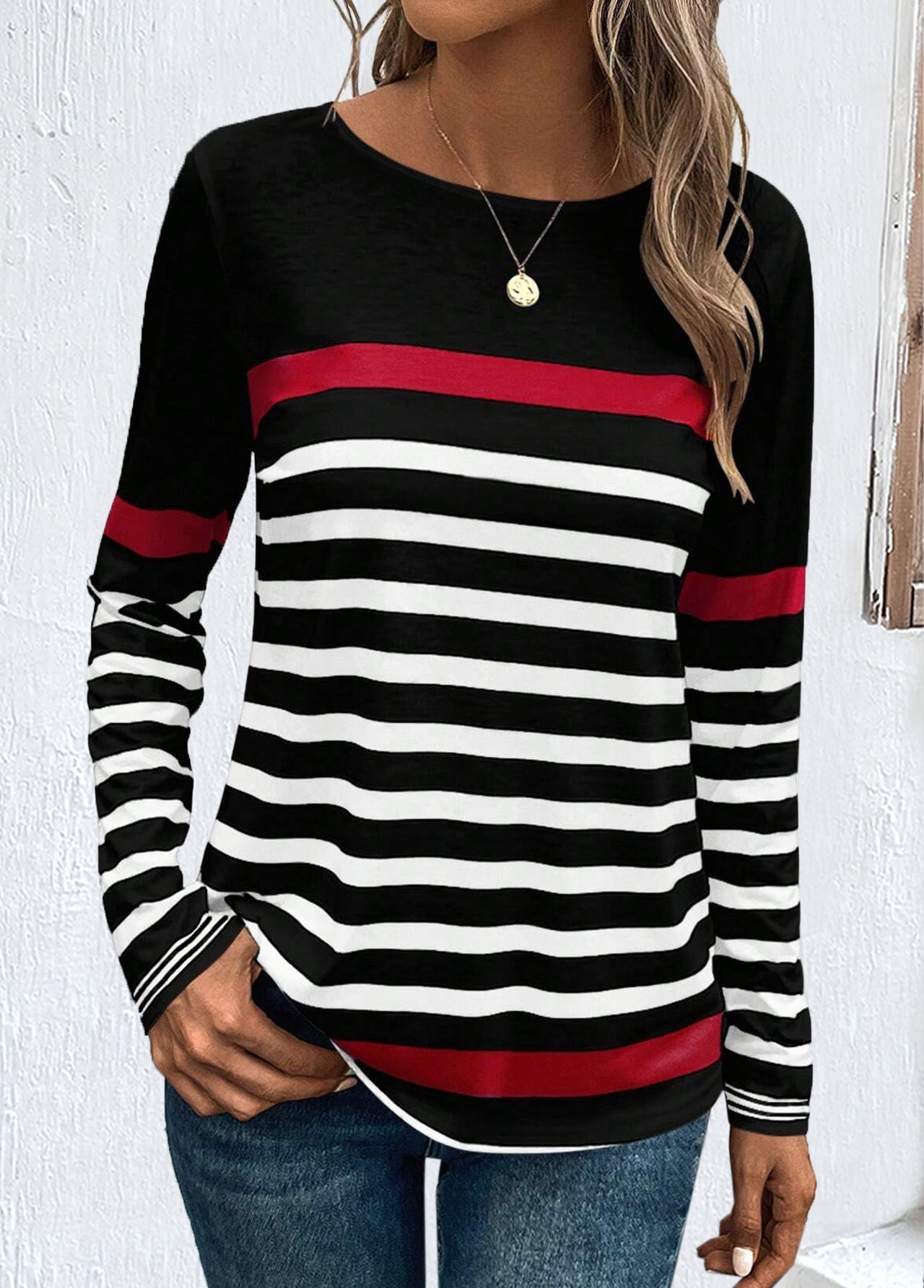 Black Patchwork Striped Long Sleeve Round Neck Sweatshirt