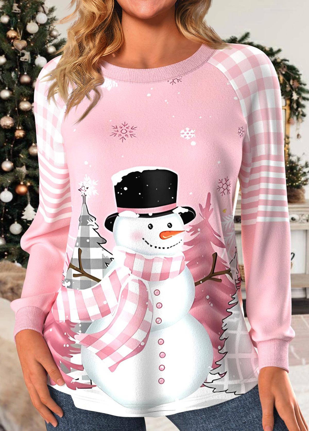 Light Pink Patchwork Snowman Print Long Sleeve Sweatshirt