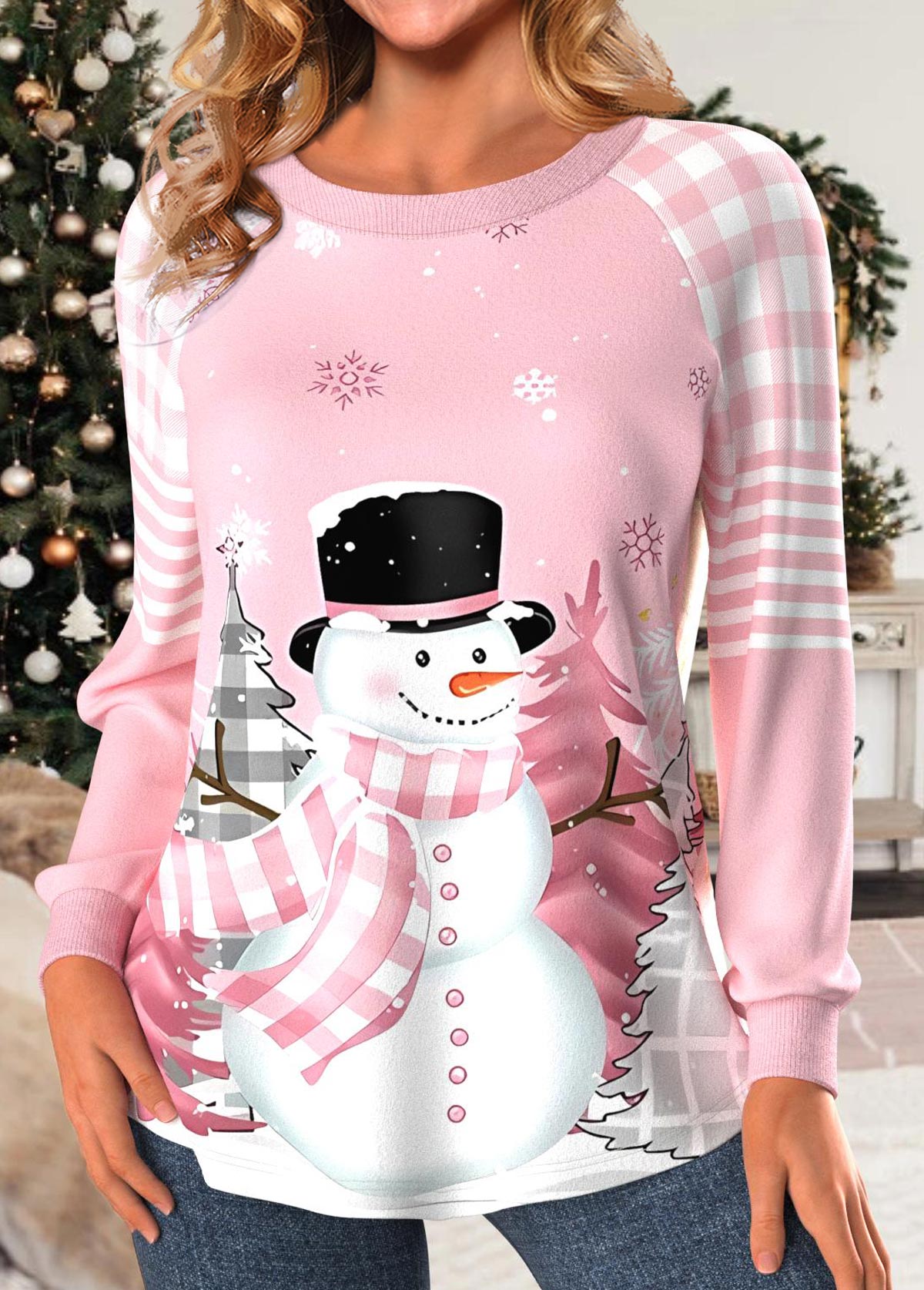 Light Pink Patchwork Snowman Print Long Sleeve Sweatshirt