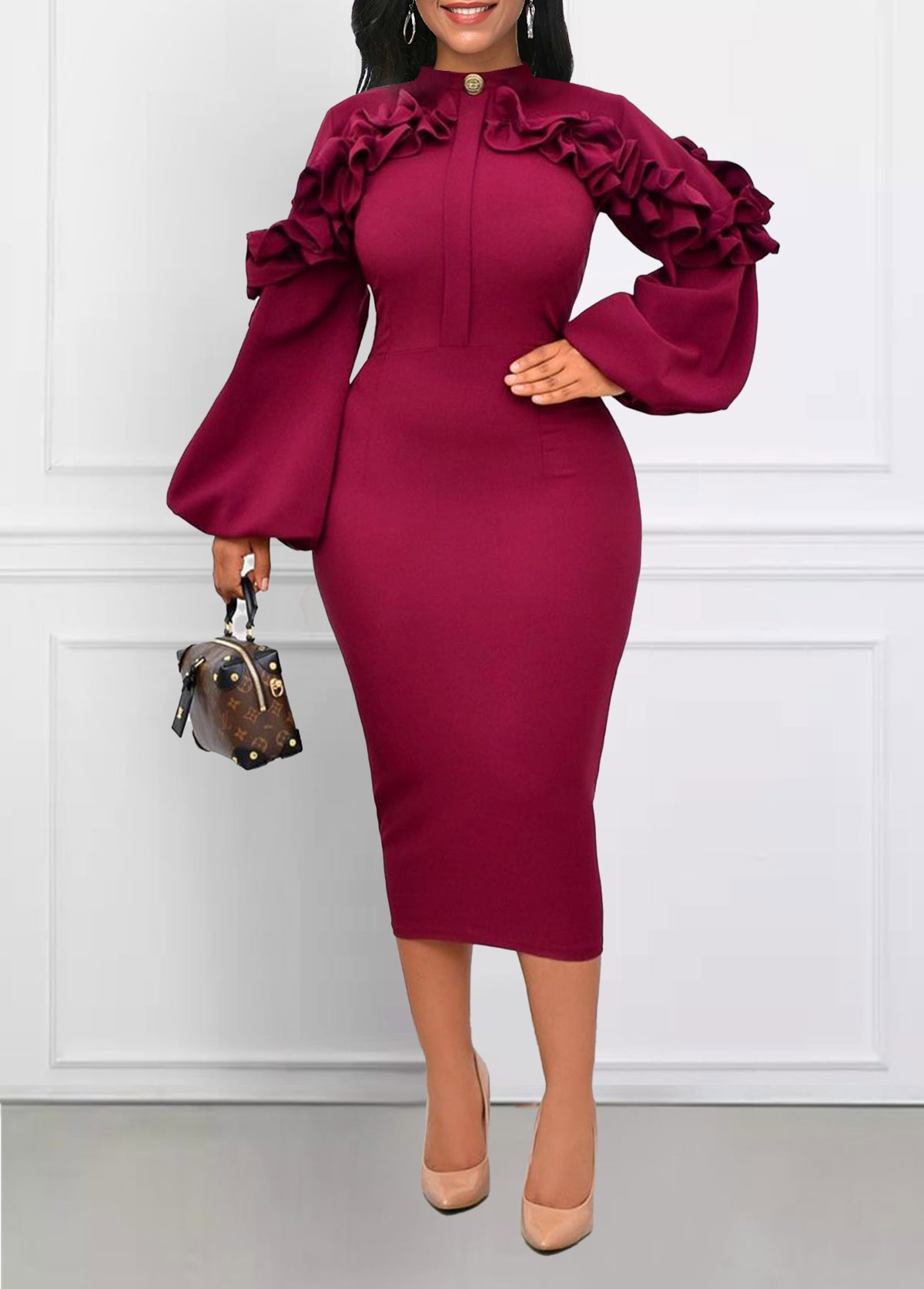 Wine Red Frill Stand Collar Bodycon Dress