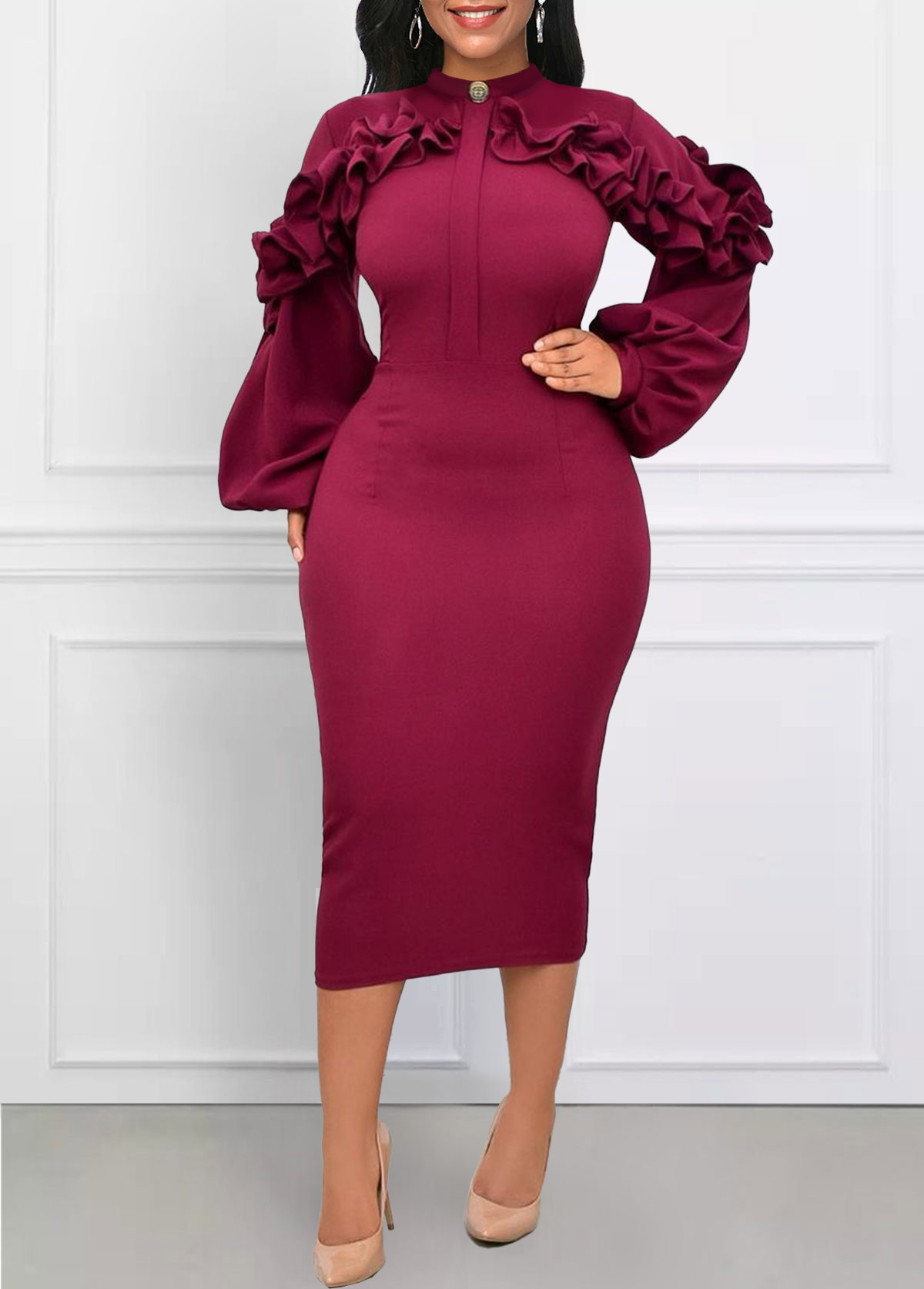 Wine Red Frill Stand Collar Bodycon Dress