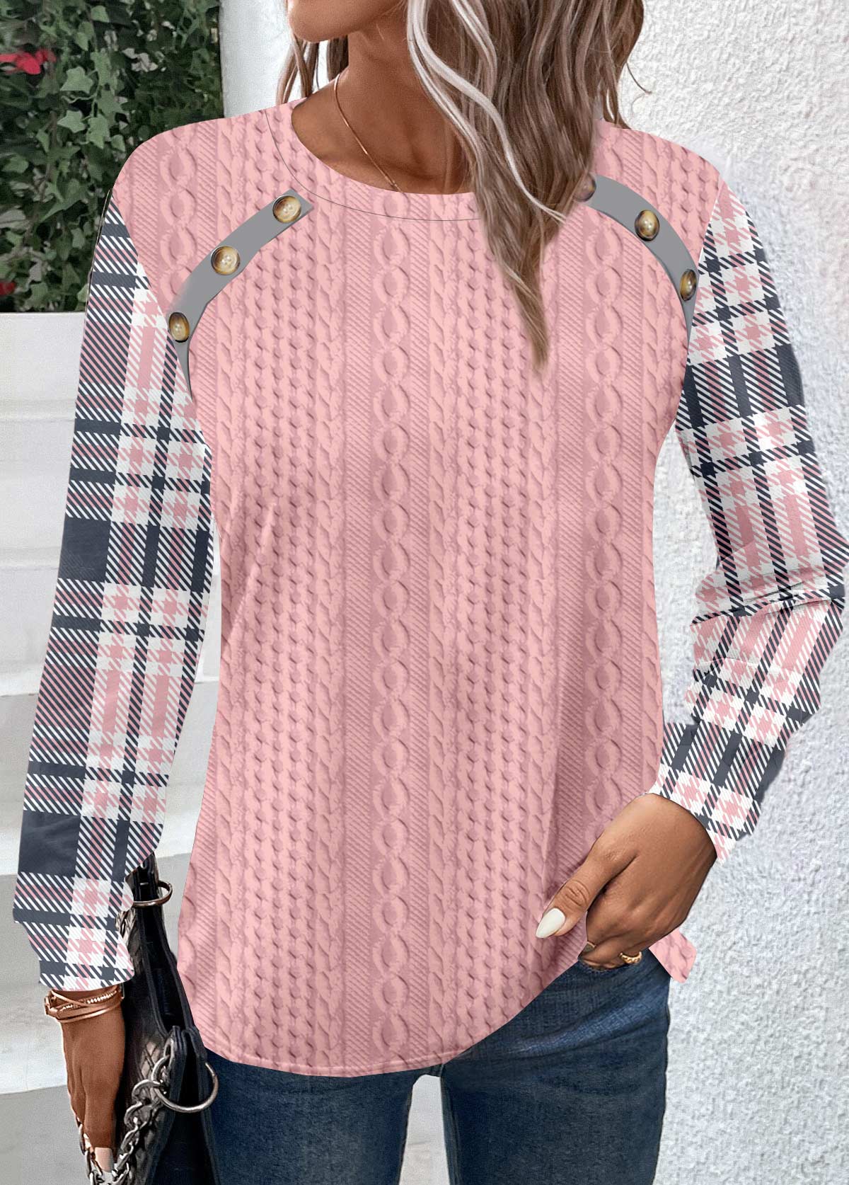 Pink Patchwork Plaid Long Sleeve Round Neck Sweatshirt
