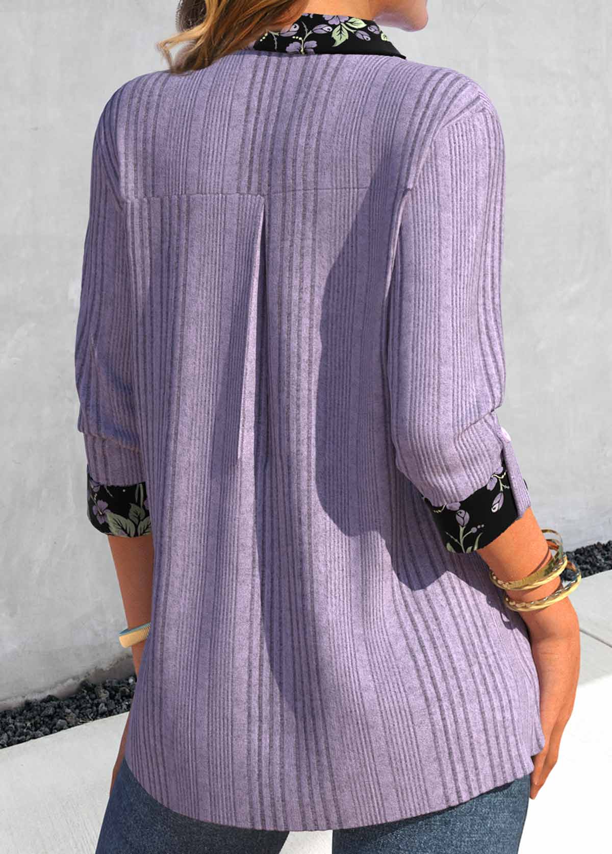 Light Purple Fake 2in1 Floral Print Shirt Collar Blouse