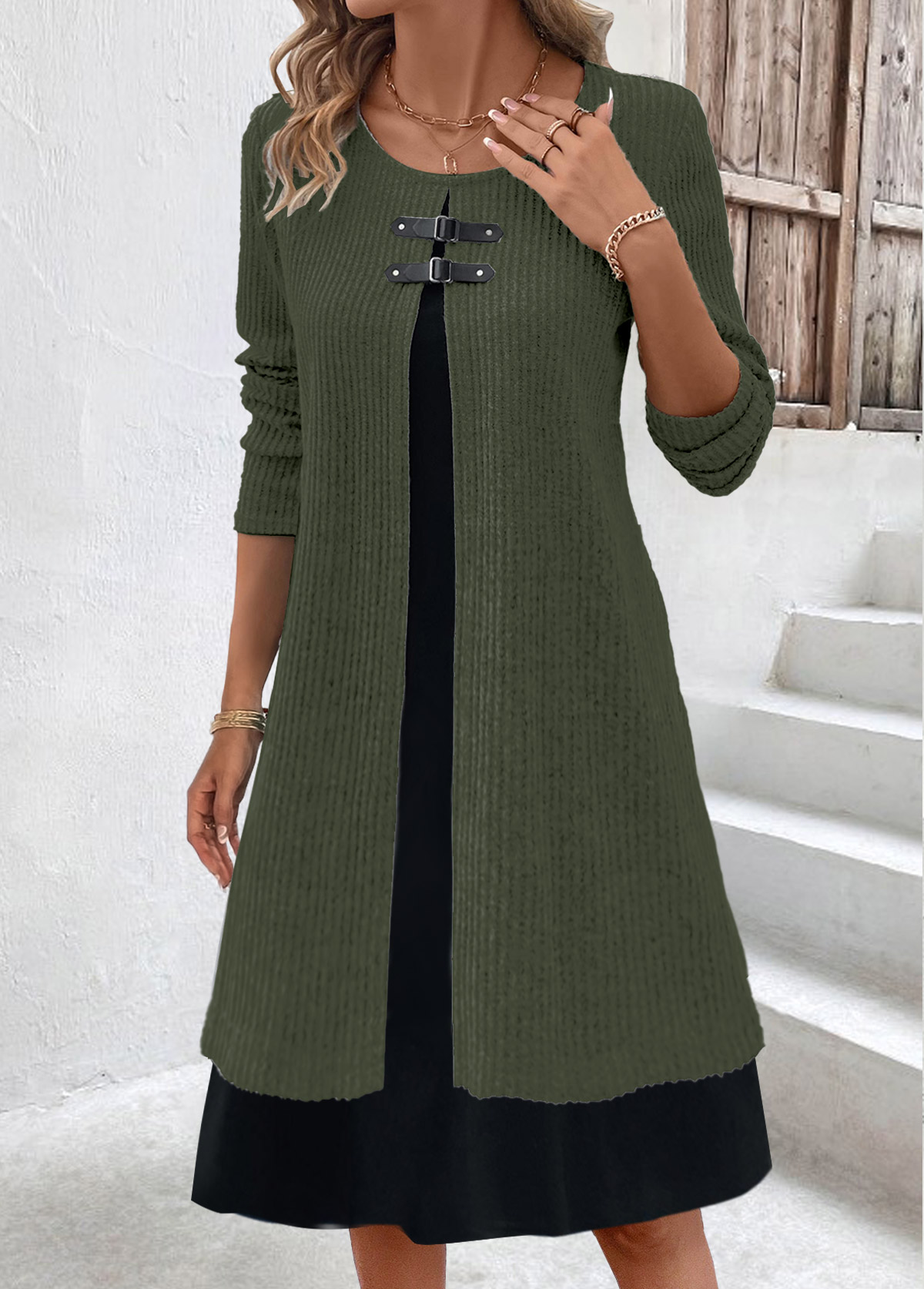 Olive Green Fake 2in1 A Line Dress