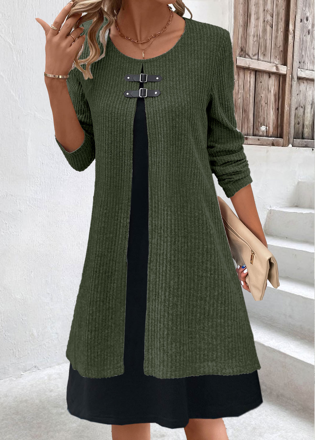 Olive Green Fake 2in1 A Line Dress