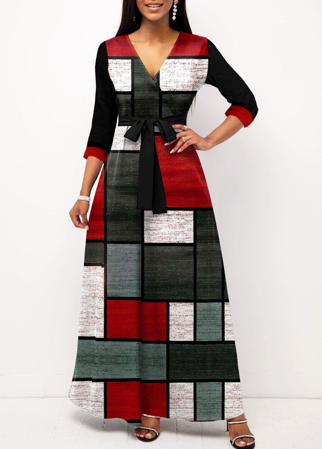 Black Criss Cross Geometric Print Belted Dress
