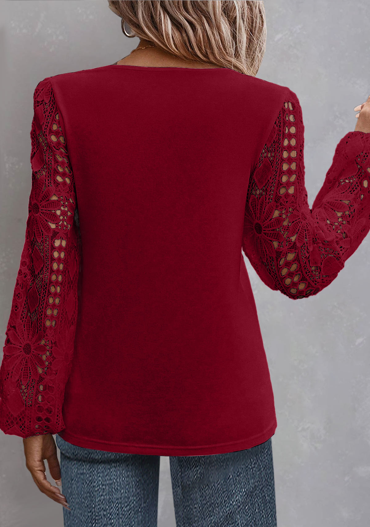 Wine Red Lace Long Sleeve Asymmetrical Neck Blouse