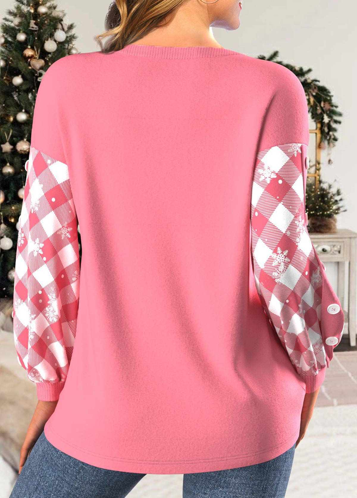Light Pink Patchwork Christmas Tree Print Long Sleeve Sweatshirt