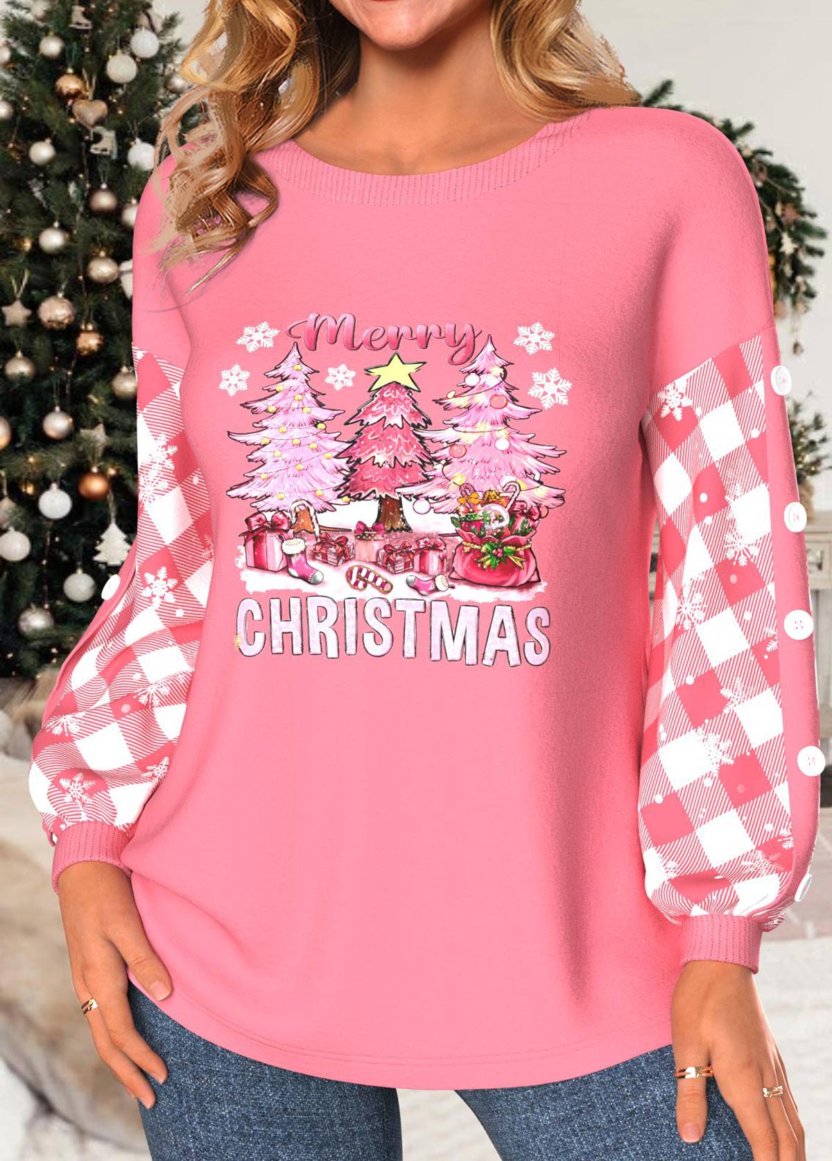 Light Pink Patchwork Christmas Tree Print Long Sleeve Sweatshirt