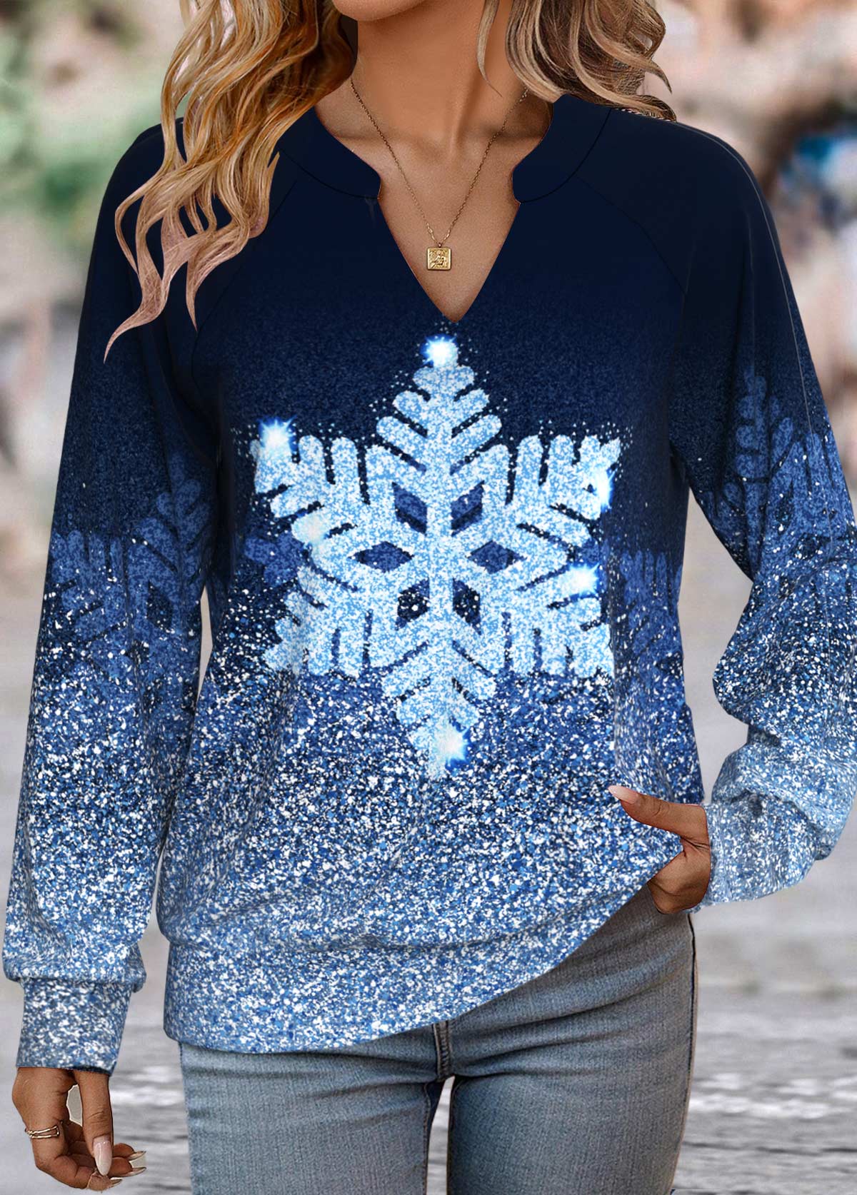 Blue Patchwork Snowflake Print Long Sleeve Split Neck Sweatshirt