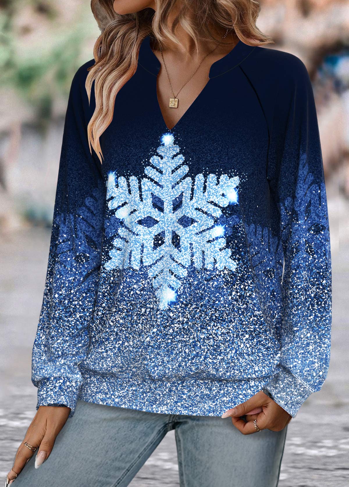 Blue Patchwork Snowflake Print Long Sleeve Split Neck Sweatshirt