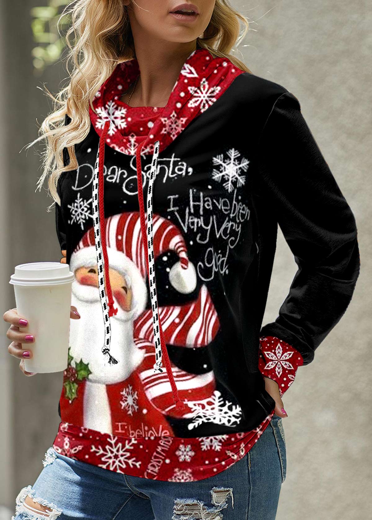 Black Patchwork Christmas Print Long Sleeve Cowl Neck Sweatshirt