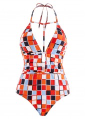 Geometric Print Halter Cutout One Piece Swimwear