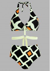 Geometric Print High Waisted Halter Bikini Set
