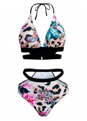 Floral Print Halter Leopard Bikini Set