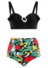 Floral Print High Waist Flounce Decorative Ring Bikini Set