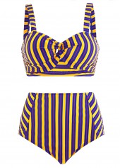 Striped High Waist Cross Front Cutout Bikini Set
