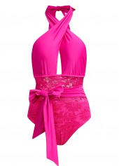 Cross Halter Lace Stitching Rose Red One Piece Swimwear