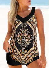 Wide Strap Curved Hem Floral Print Tankini Set