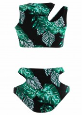 Cut Out Mid Waisted Leaf Print Black Bikini Set | thumb picture 