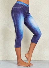 Denim Blue Flag Print Mid Waisted Capri Leggings