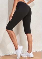 Black Mid Waisted Knee Length Elastic Waist Leggings | thumb picture 