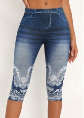 Denim Blue High Waisted Capri Elastic Waist Leggings | thumb picture 