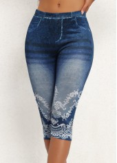 Denim Blue High Waisted Capri Elastic Waist Leggings | thumb picture 
