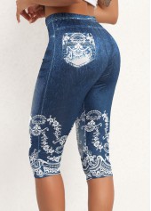 Denim Blue High Waisted Capri Elastic Waist Leggings | thumb picture 