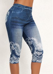 Denim Blue High Waisted Capri Elastic Waist Leggings