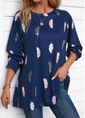 Navy Feathers Print Extra Long Sleeve Round Neck Blouse