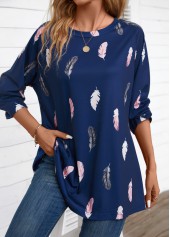 Navy Feathers Print Extra Long Sleeve Round Neck Blouse | thumb picture 