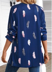 Navy Feathers Print Extra Long Sleeve Round Neck Blouse | thumb picture 