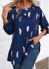 Navy Feathers Print Extra Long Sleeve Round Neck Blouse | thumb picture 