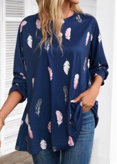 Navy Feathers Print Extra Long Sleeve Round Neck Blouse | thumb picture 