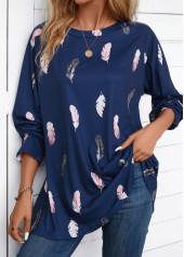 Navy Feathers Print Extra Long Sleeve Round Neck Blouse | thumb picture 