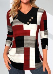 Wine Red Patchwork Geometric Print Long Sleeve Sweatshirt