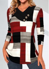 Wine Red Patchwork Geometric Print Long Sleeve Sweatshirt | thumb picture 