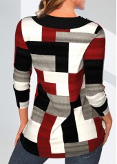 Wine Red Patchwork Geometric Print Long Sleeve Sweatshirt | thumb picture 
