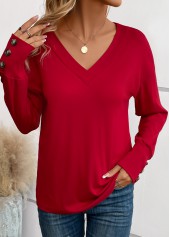 Wine Red Button Long Sleeve V Neck T Shirt