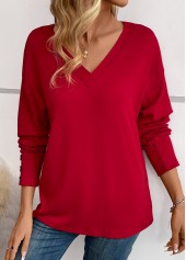 Wine Red Button Long Sleeve V Neck T Shirt | thumb picture 