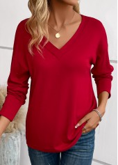 Wine Red Button Long Sleeve V Neck T Shirt | thumb picture 