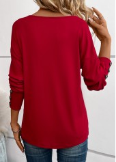Wine Red Button Long Sleeve V Neck T Shirt | thumb picture 