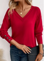 Wine Red Button Long Sleeve V Neck T Shirt | thumb picture 