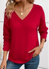 Wine Red Button Long Sleeve V Neck T Shirt | thumb picture 