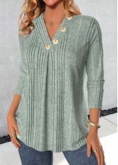 Sage Green Button Long Sleeve V Neck T Shirt | thumb picture 