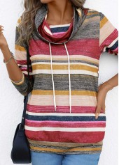 Coral Drawstring Multi Stripe Print Long Sleeve T Shirt | thumb picture 