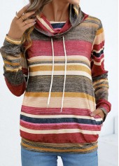 Coral Drawstring Multi Stripe Print Long Sleeve T Shirt | thumb picture 